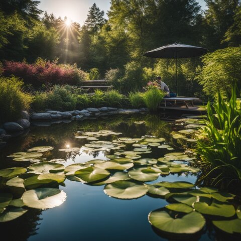 A serene pond with aeration equipment and lush plants.