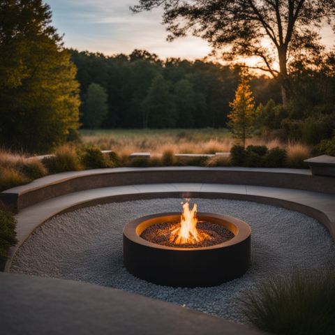 A neatly organized gravel fire pit area with a concrete rock base.