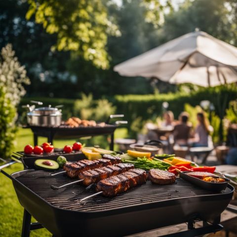 A barbecue grill sizzling with food in a backyard garden.