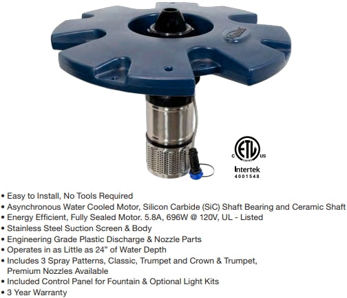Airmax EcoSeries 1/2HP Floating Pond Fountain Features: Asynchronous water-cooled motor, silicon carbide shaft bearing, ceramic shaft, 5.8A, 696W @ 120V, UL-Listed, stainless steel suction screen and body, operates in 24 inches of water depth, three spray patterns (Classic, Trumpet, Crown & Trumpet), includes control panel and optional light kits, 3-year warranty.