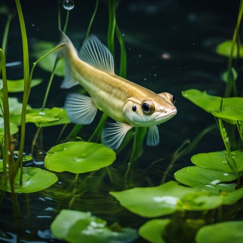 A Siamese Algae Eater swimming among pond plants with people.