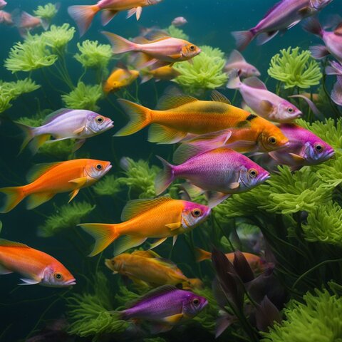 A school of colorful algae-eating fish swimming among aquatic plants in a pond.