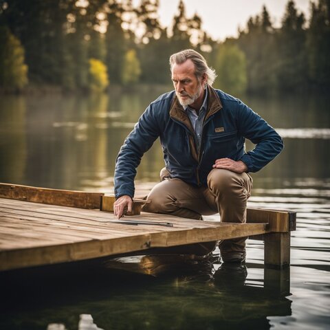 A dock builder confidently explains construction techniques on a finished pond dock.