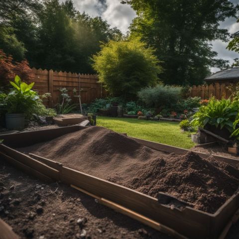 Wood ash scattered in a lush garden bed with compost materials.