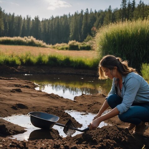 A person is using a shovel to test soil layers for a potential pond location.