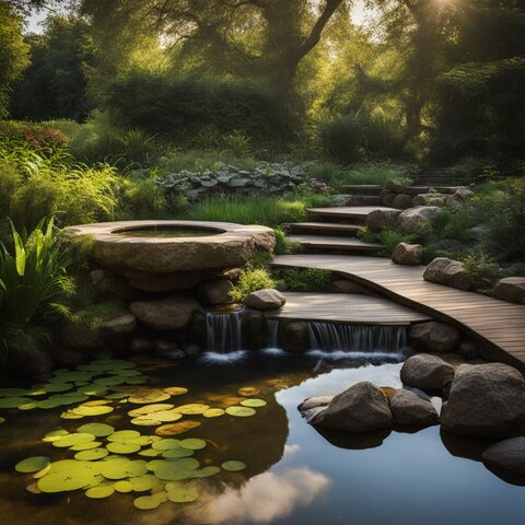 A well-designed pond with flowing water and lush vegetation.