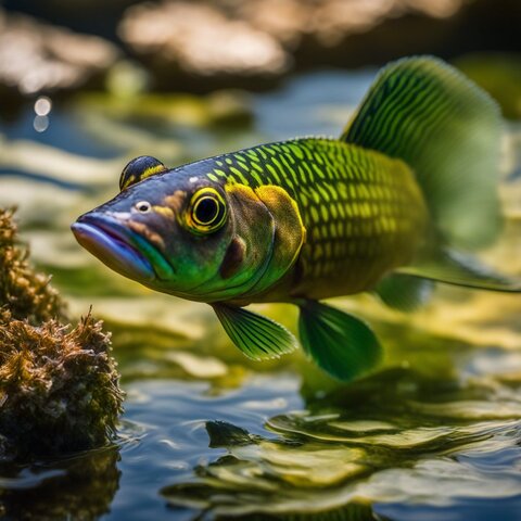 A colorful algae eater fish swimming in a thriving pond.