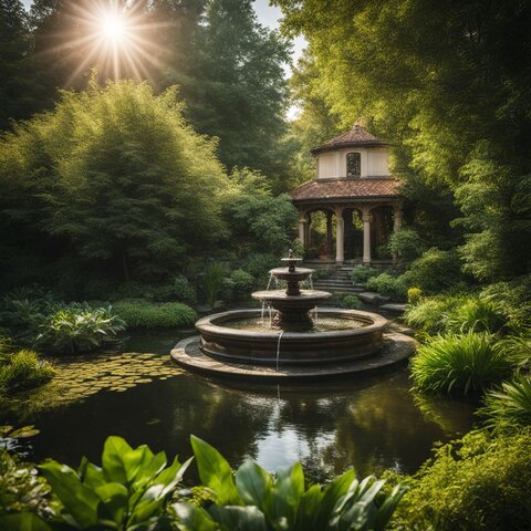 A tranquil pond with a fountain surrounded by lush greenery and wildlife.