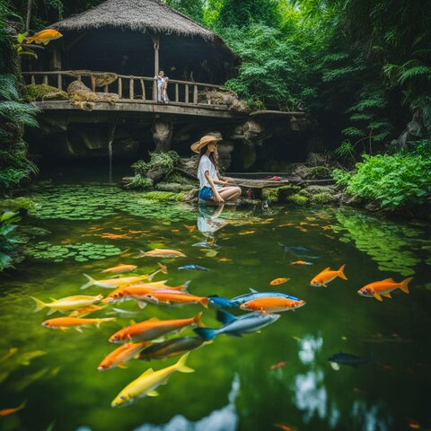 A clear pond with colorful fish and lush green plants.