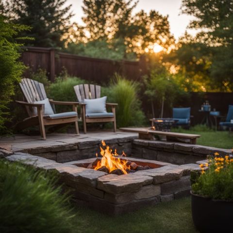 A well-kept backyard garden with a DIY fire pit.