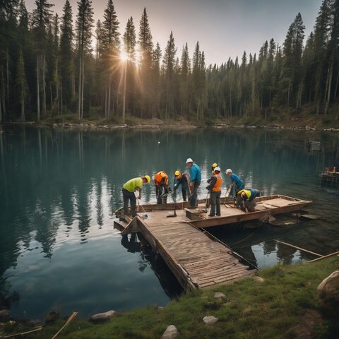 A team of workers constructing a stationary dock on a calm pond.