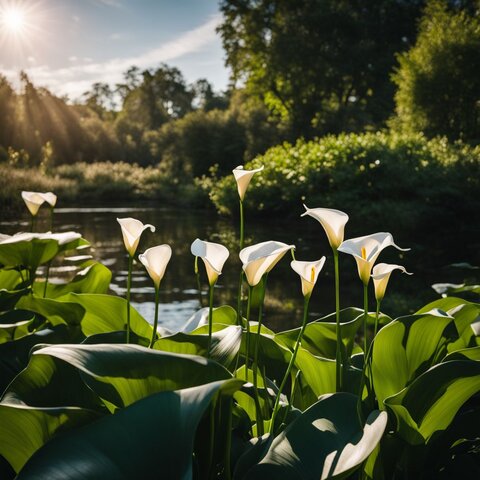 A photo of Calla lily blooms surrounded by lush greenery.