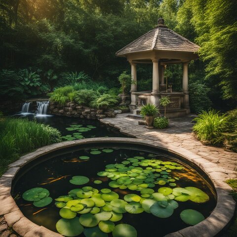 A pond with a functioning pump and lush surroundings.