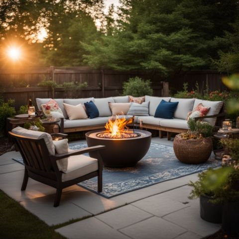 A beautifully painted fire pit surrounded by cozy outdoor furniture in a backyard setting.