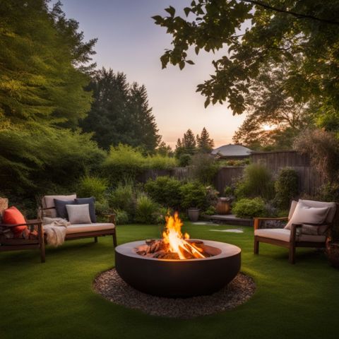 A fire pit in a lush backyard surrounded by nature.