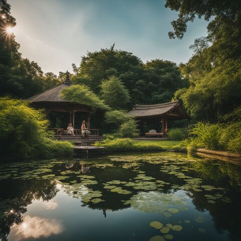 A tranquil pond with diverse people enjoying nature.