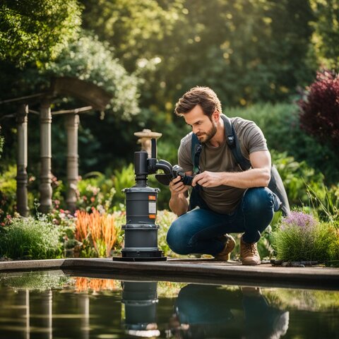 A person comparing different sizes of pond pumps in a garden.