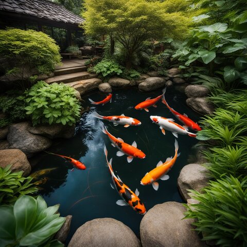 A serene koi pond surrounded by lush plants and protected by netting.
