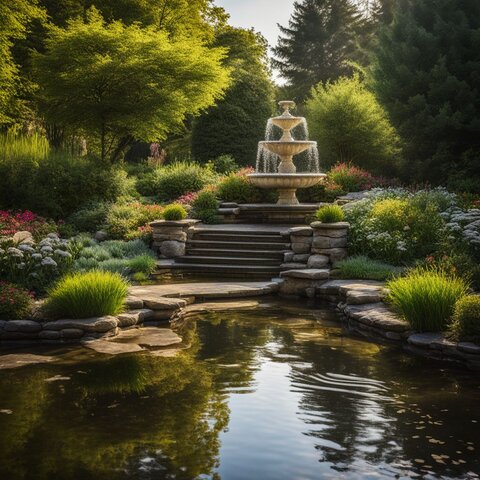 A serene garden pond with water features and mosquito-repelling plants.