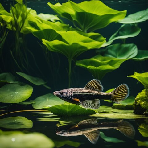 A Common Pleco swimming in lush pond with aquatic plants.