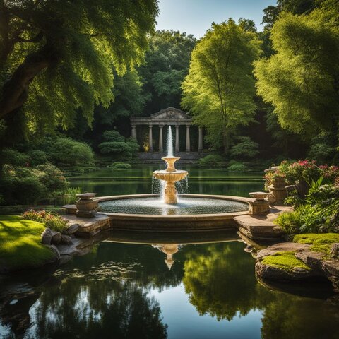 A scenic pond with a fountain surrounded by lush greenery.
