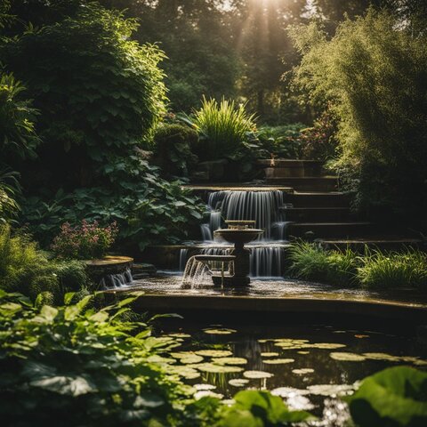 A pond pump and filter system surrounded by lush greenery.