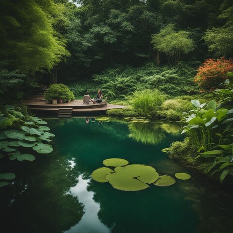 A vibrant pond with lush surroundings and diverse human subjects.