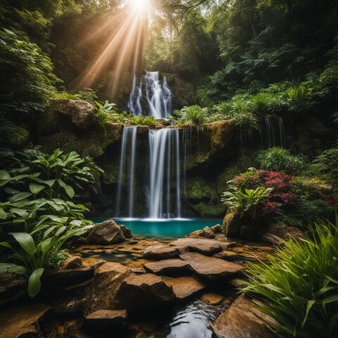 A tiered waterfall flowing into a pond surrounded by vibrant plants.