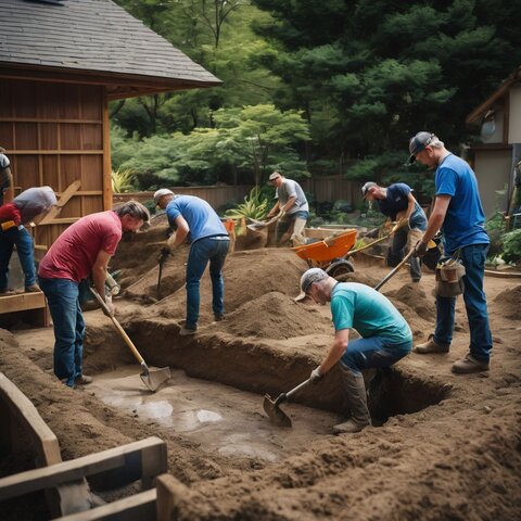 A team of workers digging a koi pond with construction tools.