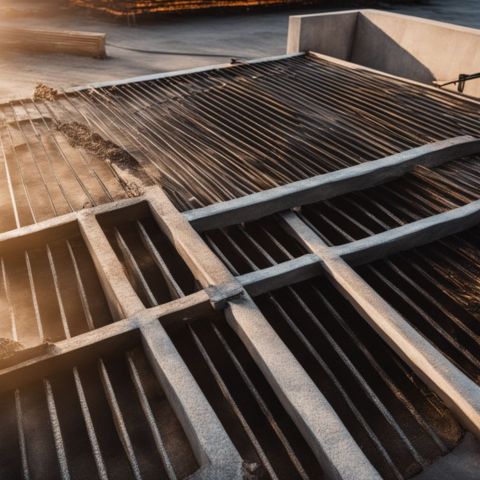 Metal bars embedded in freshly poured concrete for a fire pit base.