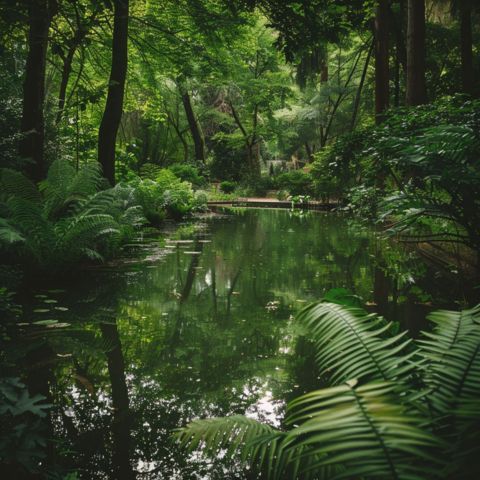 A serene pond nestled in lush green surroundings.