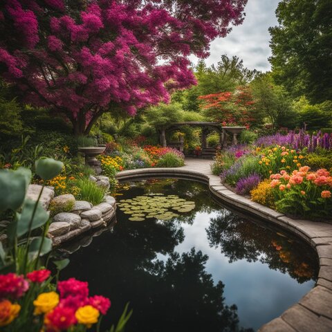 A backyard garden with a reimagined pond surrounded by colorful flowers.
