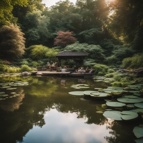 A peaceful pond with maintenance tools and diverse people enjoying nature.