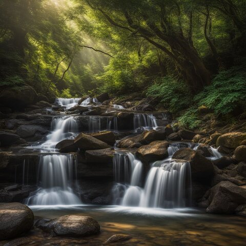 A stunning waterfall made of various-sized rocks in a lush environment.