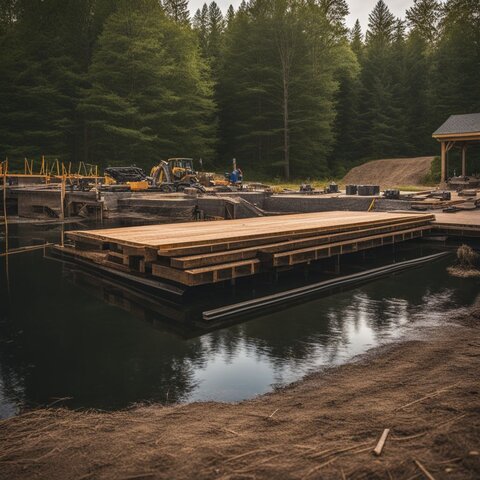 Construction of a dock foundation on a tranquil pond.