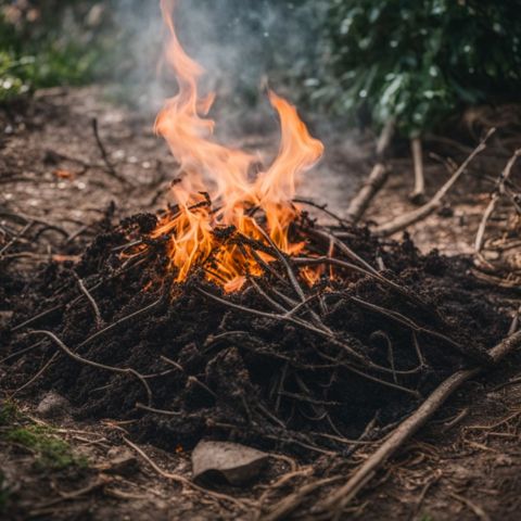 A pile of fire pit ashes surrounding plant roots in a garden.