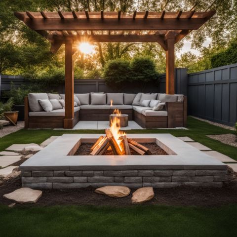 A DIY concrete fire pit surrounded by a backyard garden.