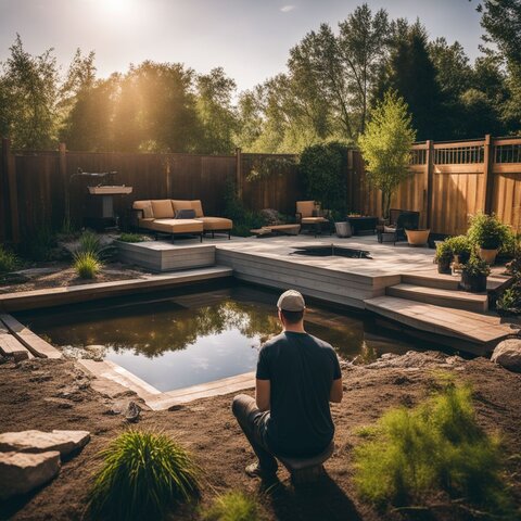 A professional pond builder overseeing the construction of a new backyard pond.