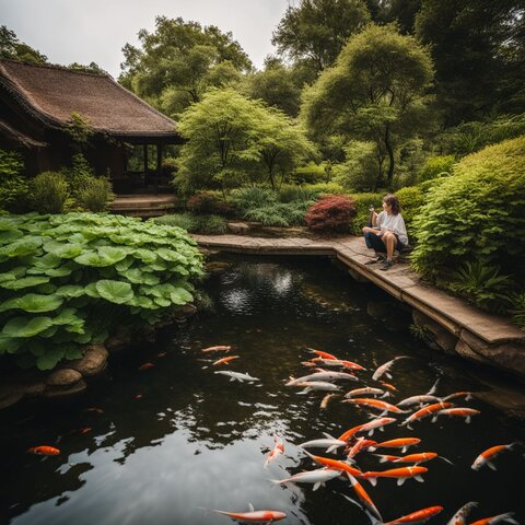 A person checking the water quality of their koi pond in a lush garden.