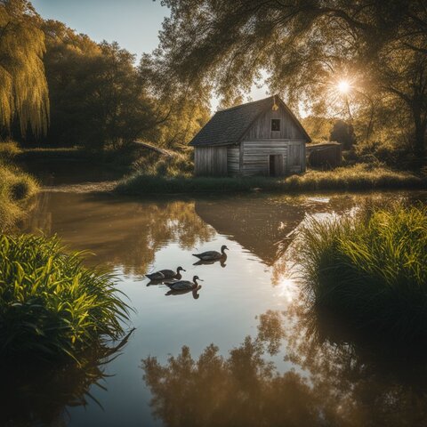 A scenic farm pond with ducks and diverse people enjoying.