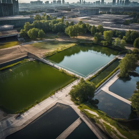 A bustling urban detention pond surrounded by infrastructure and people.