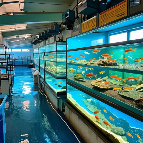 A fish hatchery with various fish species in well-maintained tanks.