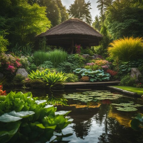 A serene garden pond with vibrant plants and lush surroundings.