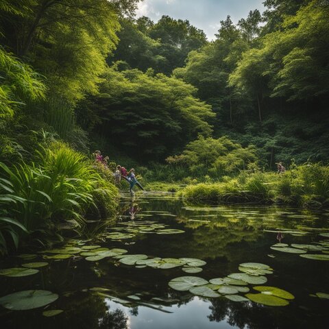 The photo depicts a pond surrounded by lush greenery and emergent plants.