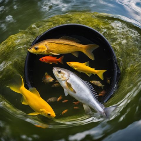 Various fish feeding from a floating feeder in a clear pond.