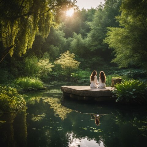 A serene pond surrounded by lush greenery, with a bustling atmosphere.