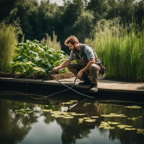 A landscaper inspecting a detention pond surrounded by healthy plants.