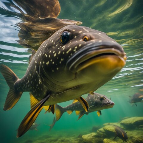 A variety of catfish swimming in a clear river.