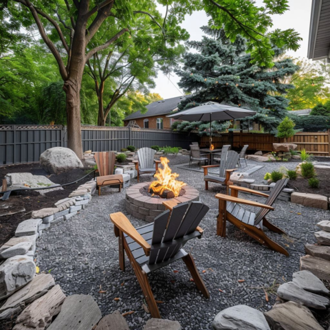 Different types of fire pits in a backyard garden.