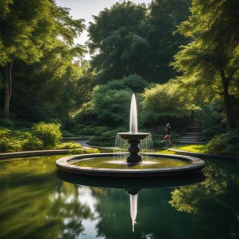 A tranquil pond with a floating fountain aerator surrounded by lush greenery.